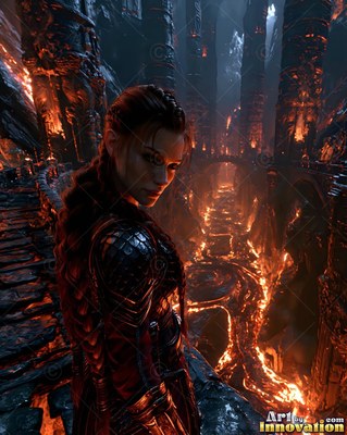 A braided woman in dark armor looks back above fiery lava streams inside a stone hall