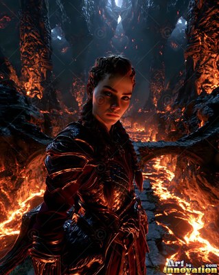 In a fiery volcanic cavern, a braided woman stands in dark armor