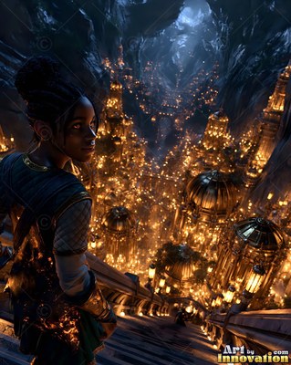 Looking down stairs, a young woman watches a mountain city lit in gold