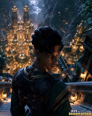 Curly dark hair frames a young woman looking down over a lit stone city inside a cavern
