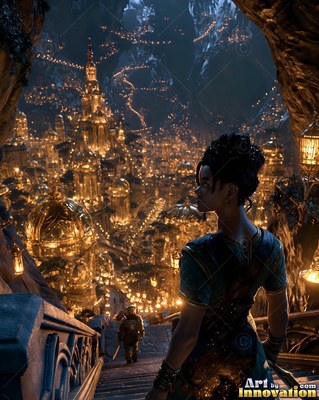 A dwarf woman looks down at an underground city lit with warm yellow lanterns