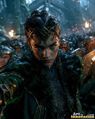 Facing forward in a cavern, a dwarf woman in green fur leads a crowd of soldiers