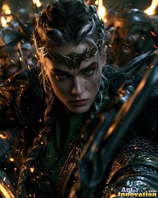 Braided warrior woman in armor aims her bow near fires