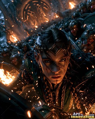 In a dark hall with fire, a braided woman in green armor leads an army into battle
