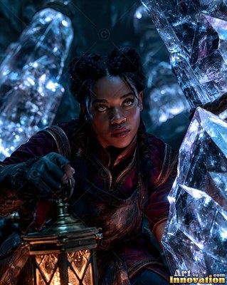 Holding a brass lantern, a dwarf woman kneels beside huge ice-blue crystals