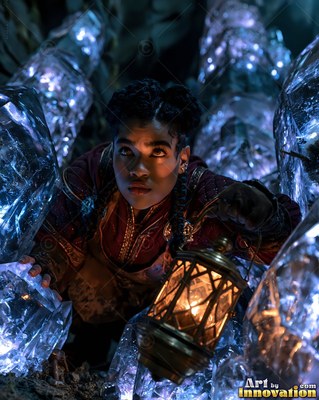 A woman holding a brass lantern crouches among blue crystals