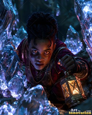 Braided hair frames a woman holding a lantern while creeping through ice crystals