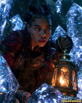 A braided woman holds a lantern between blue crystals lit with warm orange fire