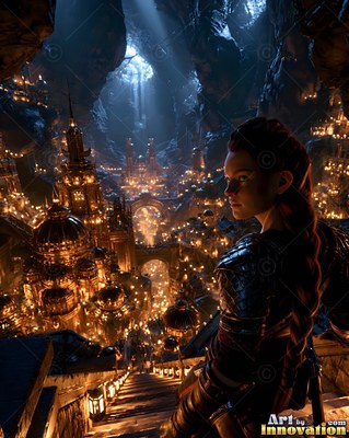 In profile, a braided woman looks out over a lit underground city from stone steps