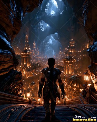 A woman in armor walks down stone stairs toward an underground city lit in warm gold