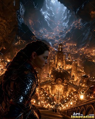 Looking out from stairs, an armored woman watches a lit stone city inside a cavern