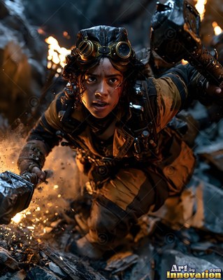 A woman with goggles raises a heavy metal hammer by firelight