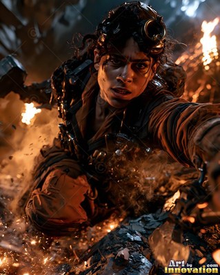 Goggles rest on the dark hair of a woman crawling through a fiery mine tunnel
