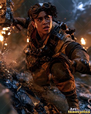 A woman crawls forward with a hammer, lit by orange sparks in the dark cave