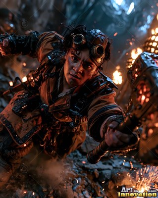 Leaning forward in a dark mine, a woman swings a hammer by firelight