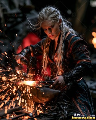A blonde woman hammers hot iron in a dark smithy, scattering orange sparks