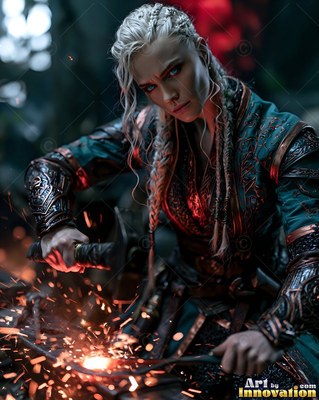 In a dim forge, a braided woman in green armor hammers metal over bright sparks