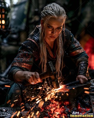 Hammering hot iron, a blonde dwarf woman works at an anvil as sparks fly