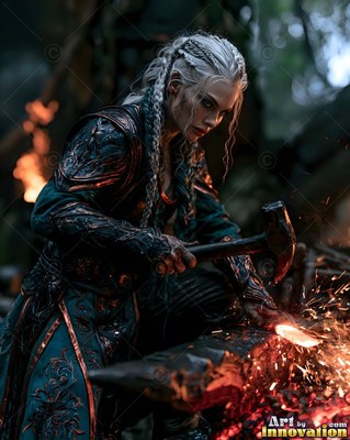 A braided woman hammers hot iron on an anvil in a forge