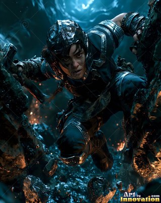 Wearing an iron helmet, a woman scrambles forward through dark rocks inside a blue cave
