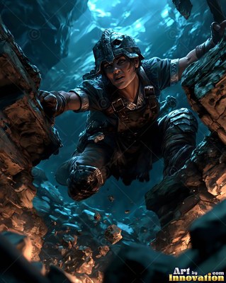 A woman in an iron helmet climbs down a stone shaft lit by cool blue light above