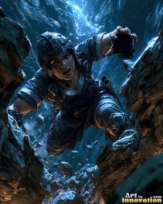 Reaching down a steep rocky crevice, a woman wears steel armor in blue light