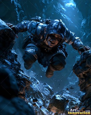 A dwarf woman in dark armor leaps across a blue rocky chasm