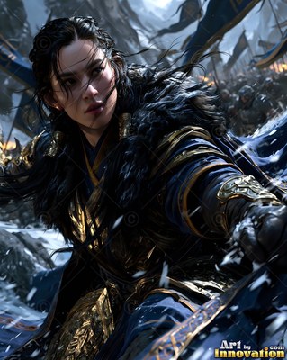 On a snowy battlefield, a dark-haired woman in blue and gold armor charges forward