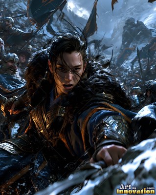Reaching forward in battle, a woman in fur and dark plate armor leads an army on a snowy mountain