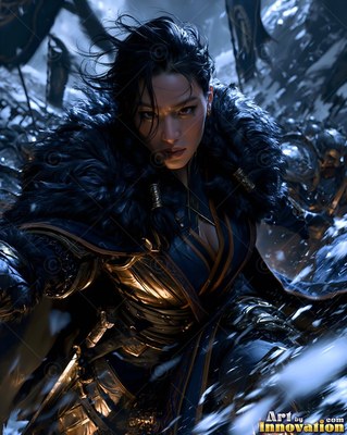 Woman in dark fur and armor charging through snow