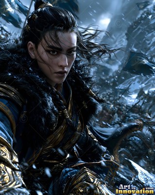 Dark fur lines the gold-trimmed armor of a woman before an army on a snowy mountain