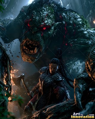 A woman crouches with an axe beneath a green stone monster lit by red fire