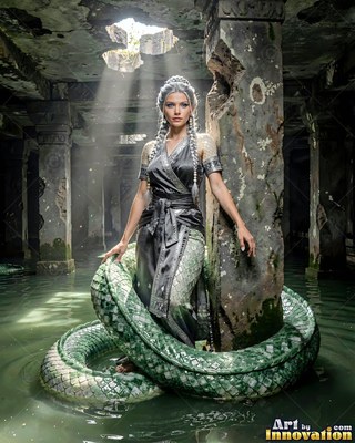 In a flooded stone temple, a woman with a green thick serpent tail coils around a pillar