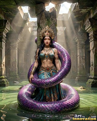 Coiled in green temple water, a naga woman rests with her purple coiled serpent tail around her waist