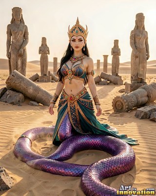 Woman with a purple snake tail coils on sand among desert ruins