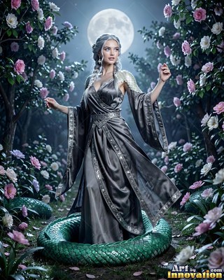 A woman in a gray silk gown stands encircled by a green serpent tail under a full moon in a rose garden