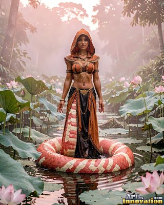 A hooded serpent woman stands in a lotus pond, her red tail coiled under pale pink haze