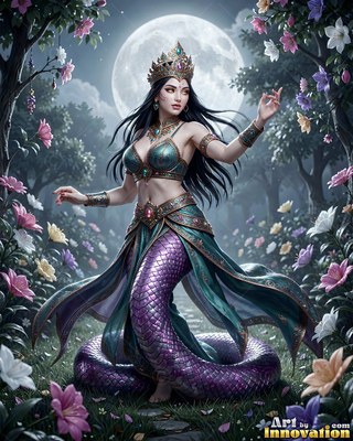Coiled on grass, a crowned serpent woman gestures under a full moon in a garden