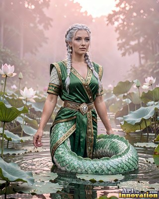 A woman with a green winding snake tail rests in a misty lotus pond