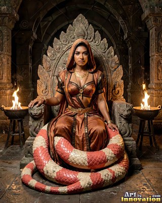On a carved stone throne between two fires, a hooded woman rests with a long snake tail coiled below