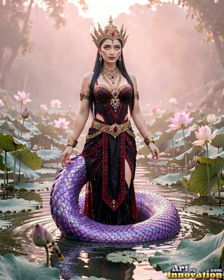 Standing in a misty pond, a crowned naga woman coils her purple tail beside pink lotuses