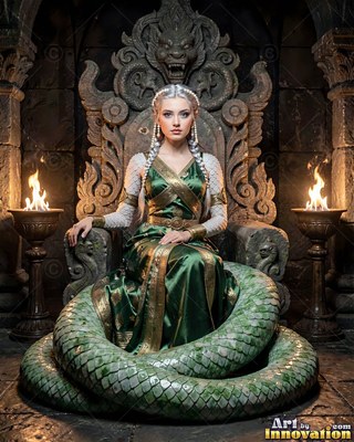 A snake woman in a green dress on a carved stone throne