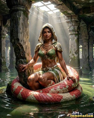 Wearing a hooded cowl, a serpent woman lies her coiled tail in flooded ruins under sunbeams