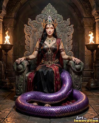 A woman sits on a stone throne with a coiled purple tail lit by warm torchlight