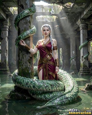Coiled around a stone pillar, a serpent woman sits in a flooded ruined temple