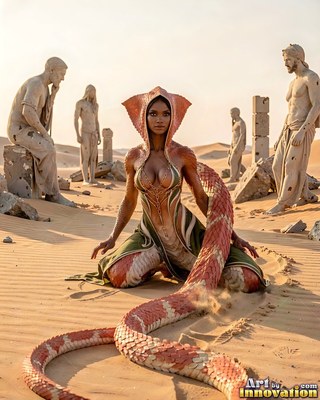 A half-snake woman kneels in a desert with ruined statues around her