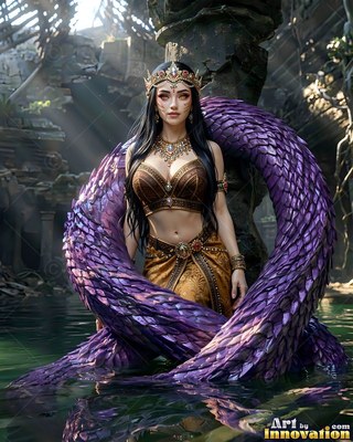 In a ruined temple pool, a woman with a long purple serpent tail stands in water