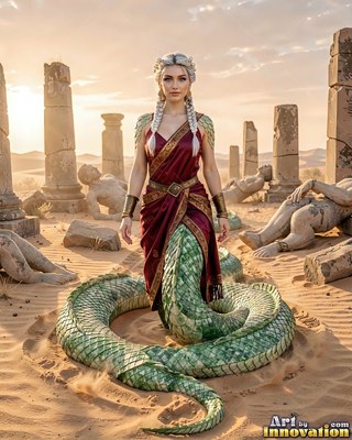 Coiling on the desert sand, a serpent woman in red silk stands among stone ruins