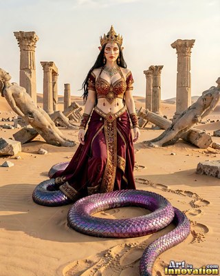 A snake woman coils her purple tail in desert temple ruins