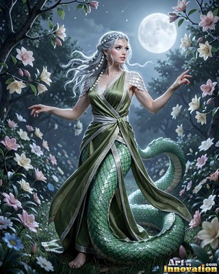 In a green silk dress, a serpent woman rests her long green tail under a full moon